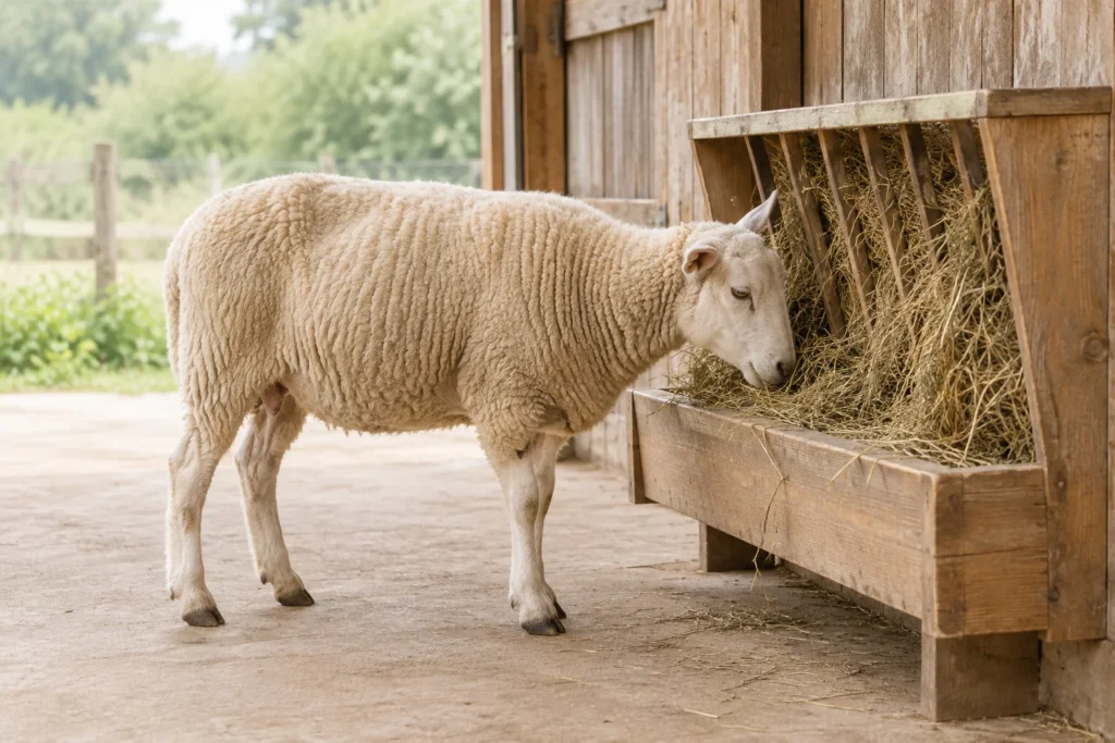 Una pecora bianca è accanto a una mangiatoia in legno con del fieno; si vedono tutte e quattro le zampe.