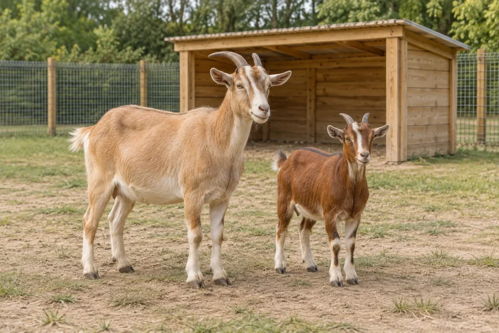 Due capre di taglia diversa in un pascolo recintato vicino a un riparo in legno.