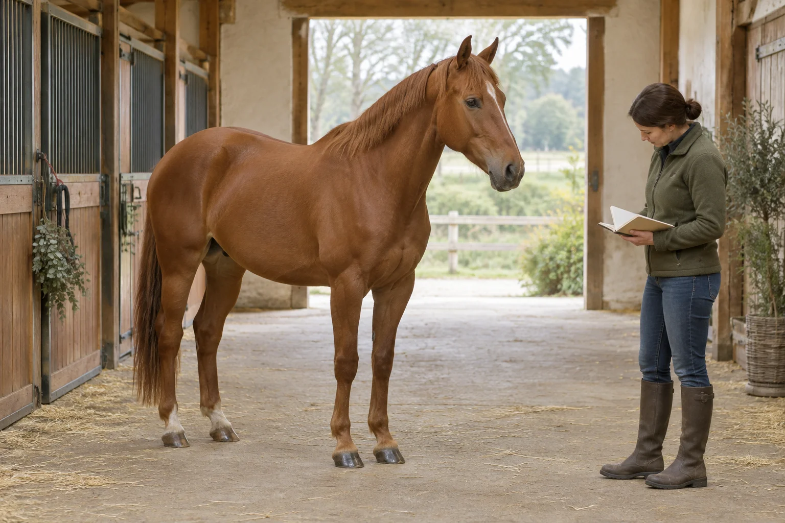 Un cavallo marrone in piedi nel corridoio di una scuderia, con tutti e quattro gli zoccoli visibili, accanto a una persona che se ne prende cura e tiene un taccuino aperto.
