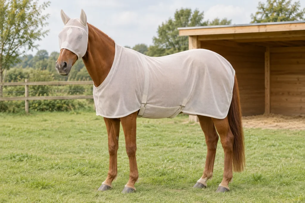 Cavallo marrone con una maschera antimosche chiara e una coperta antimosche in un prato accanto a un riparo in legno.