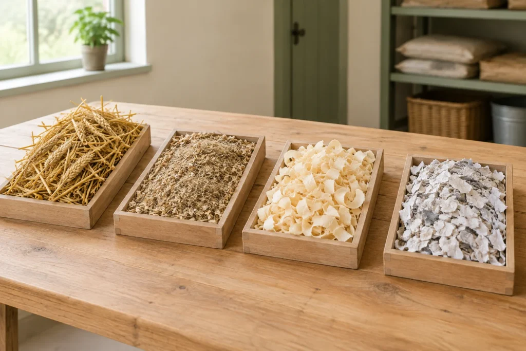 Quattro cassette di legno con spighe di cereali, lettiera vegetale fine, trucioli di legno e pezzetti di carta su un tavolo di legno.