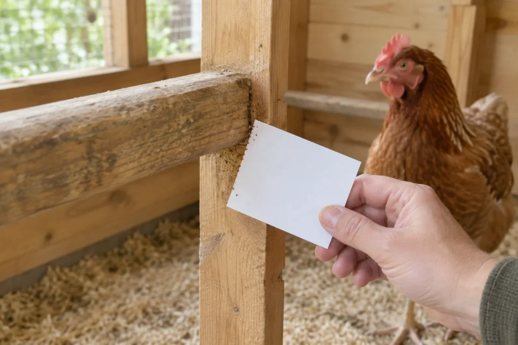 Una mano tiene un cartoncino bianco vicino a una fessura di un posatoio in legno. Sono visibili piccoli puntini bruno rossastri; sullo sfondo c'è una gallina marrone.