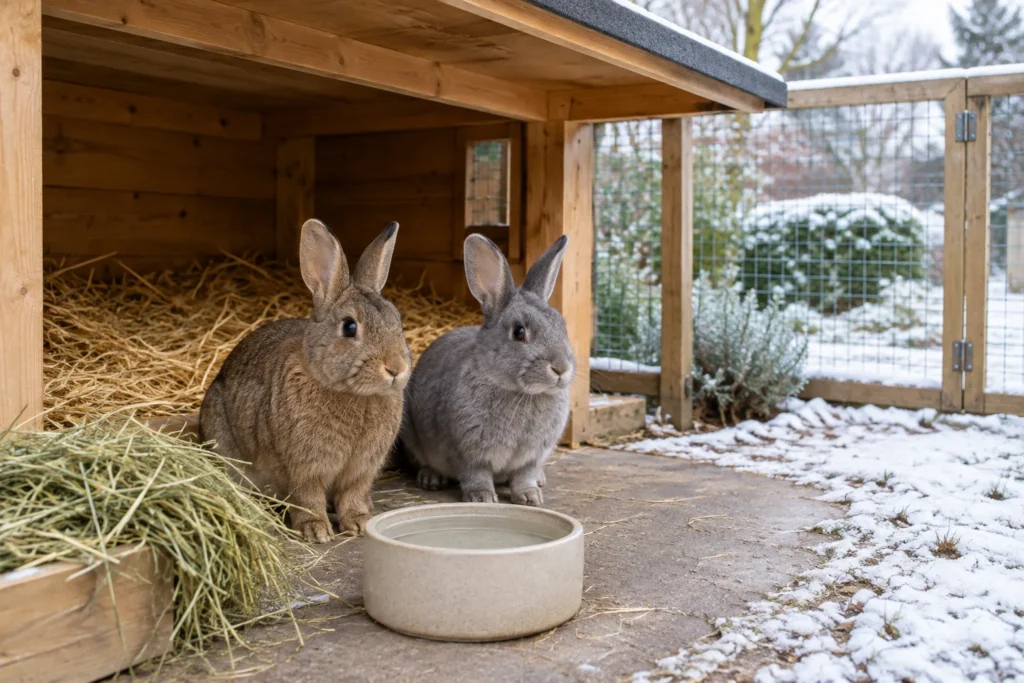 Due conigli sono accanto a un riparo in legno con paglia, fieno e una ciotola per l'acqua; fuori c'è la neve.