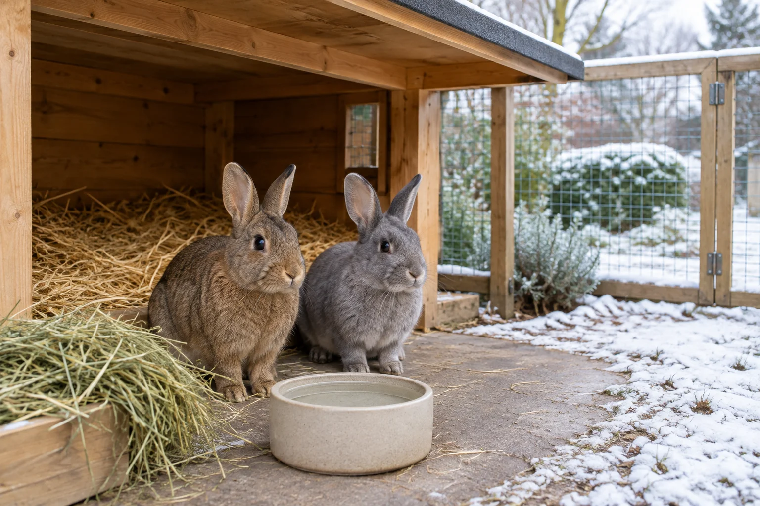 Due conigli sono accanto a un riparo in legno con paglia, fieno e una ciotola per l'acqua; fuori c'è la neve.