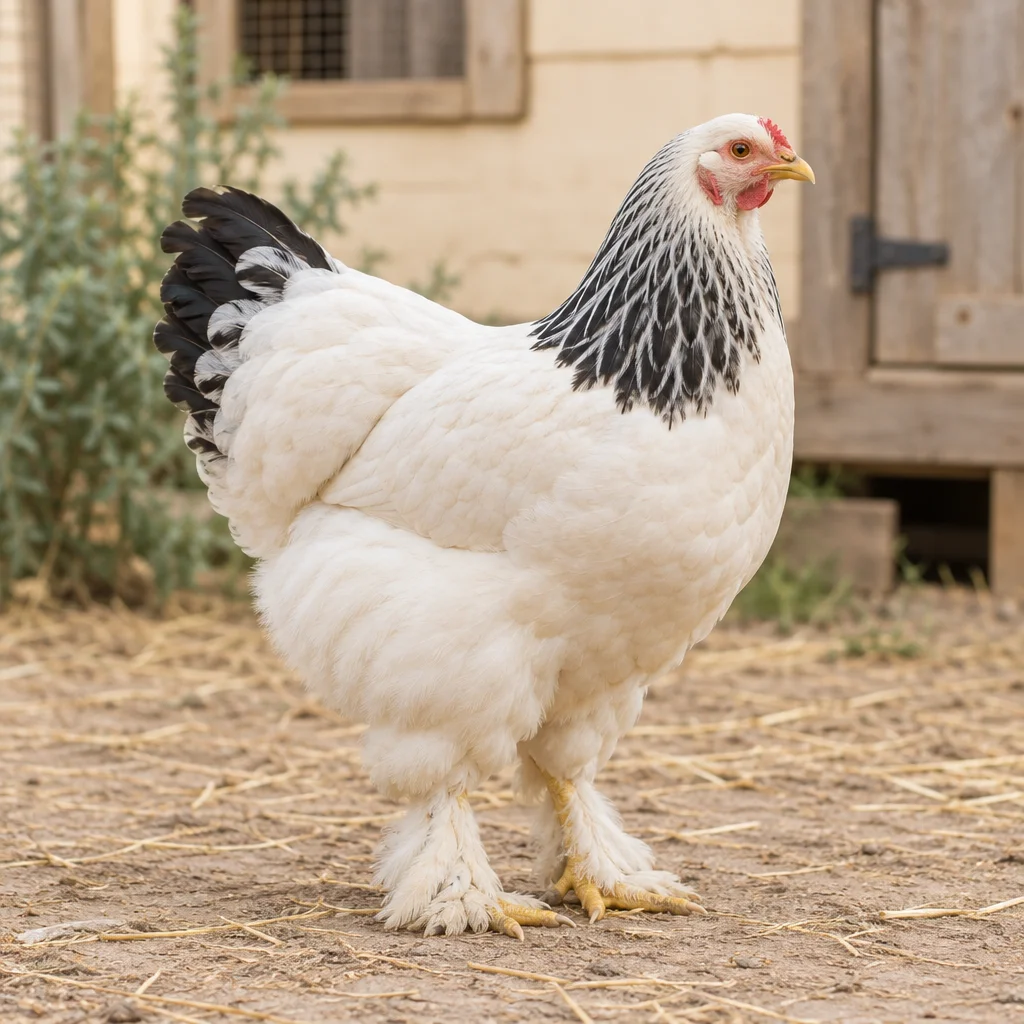 Una grande gallina bianca e nera con zampe piumate si trova su un terreno asciutto davanti a un pollaio in legno.