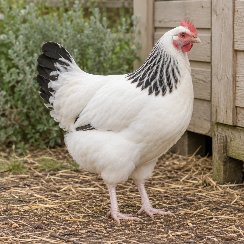 Gallina bianca con penne del collo striate di nero e coda nera, in piedi su paglia e terra accanto a un pollaio di legno.