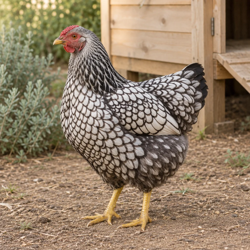 Illustrazione di una gallina Wyandotte argentata orlata di nero con zampe gialle accanto a un pollaio.