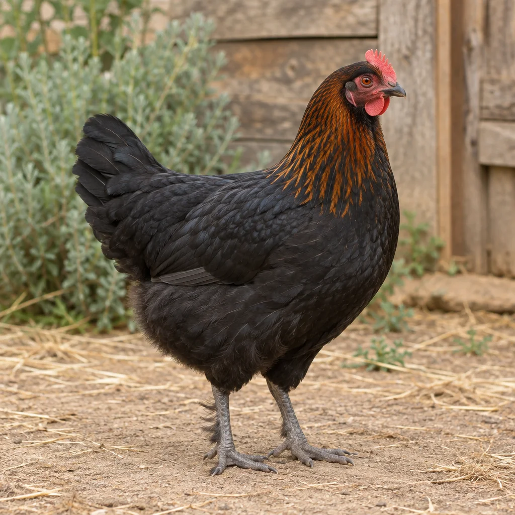 Gallina nera con piume color rame sul collo, cresta rossa e zampe leggermente piumate in un cortile con una parete di legno.