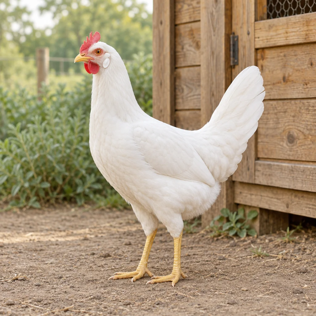 Illustrazione di una gallina bianca con cresta rossa, lobo auricolare bianco e zampe gialle accanto a un pollaio di legno.