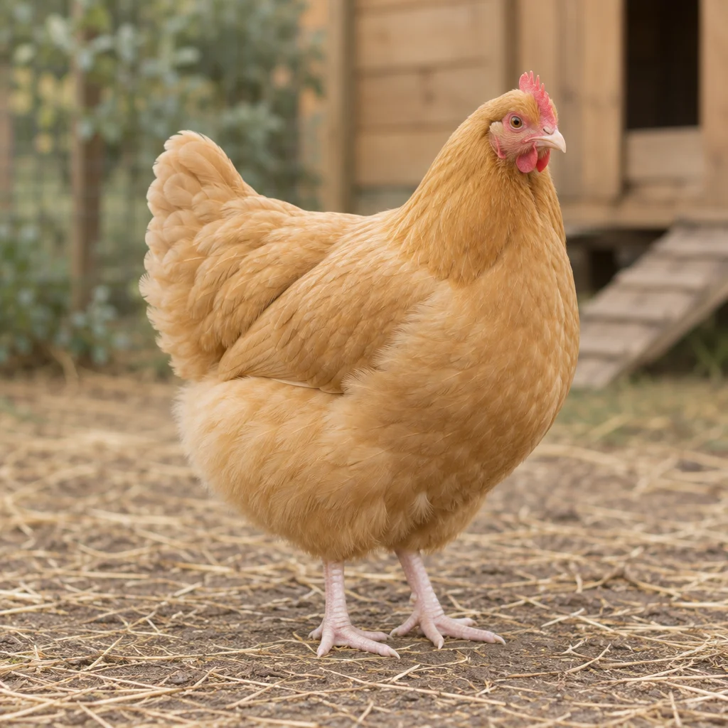 Una gallina giallo dorato è in piedi su paglia e terra, con tutto il corpo ed entrambe le zampe visibili e un pollaio di legno sullo sfondo.
