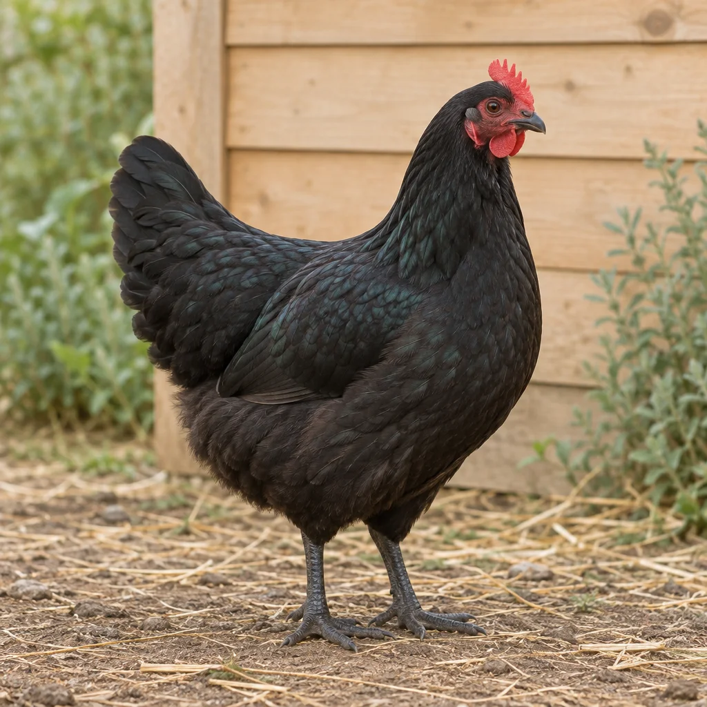 Illustrazione di una gallina Australorp nera con la cresta rossa accanto a un pollaio in legno.