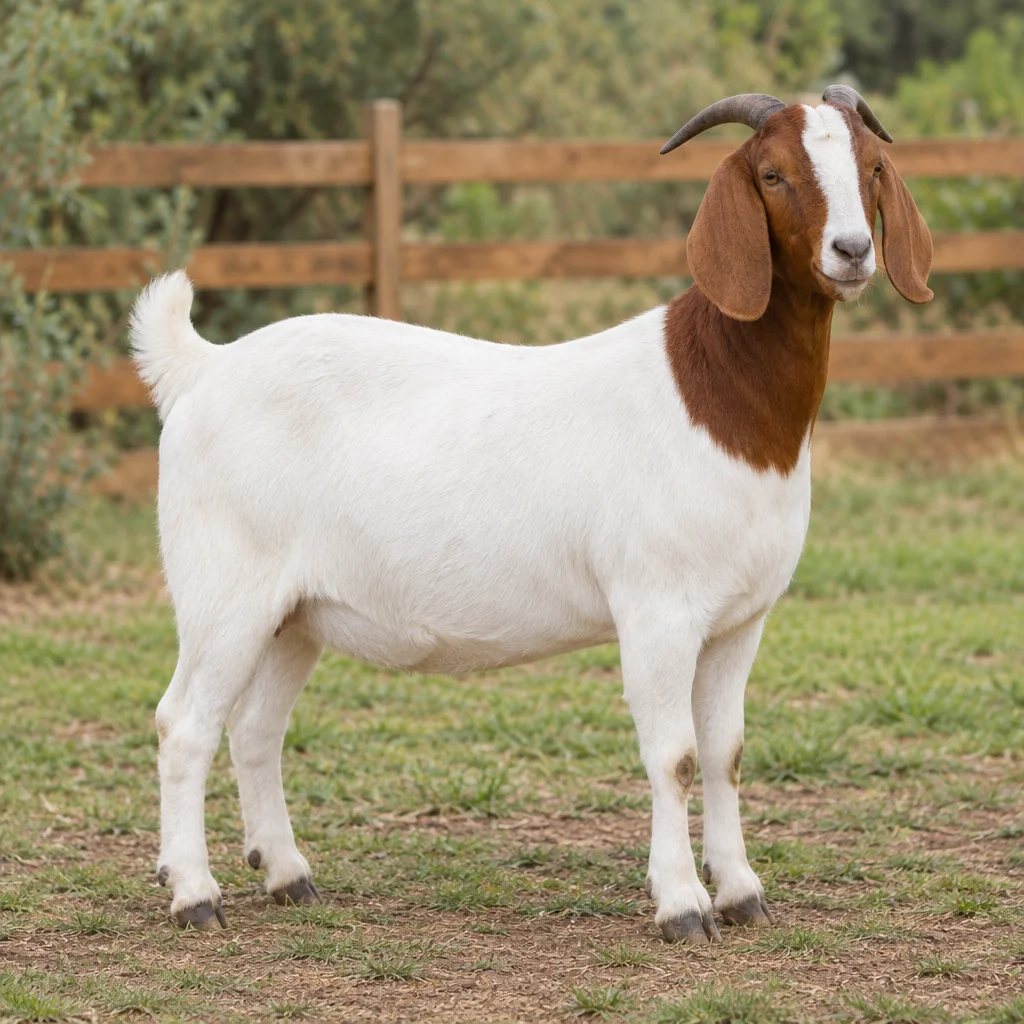 Capra bianca con testa bruno rossiccia, orecchie pendenti e due corna ricurve all’indietro, in piedi sull’erba davanti a una staccionata di legno.