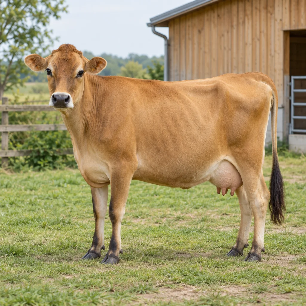 Illustrazione di una vacca Jersey marrone chiaro con la mammella visibile, sull'erba vicino a una stalla in legno.