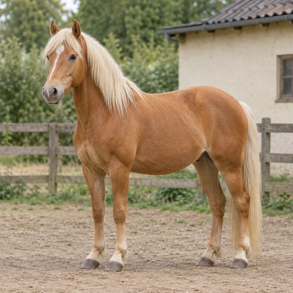 Un cavallo sauro con criniera e coda chiare si trova in un paddock, con tutti e quattro gli zoccoli visibili, davanti a una staccionata di legno e a una scuderia.