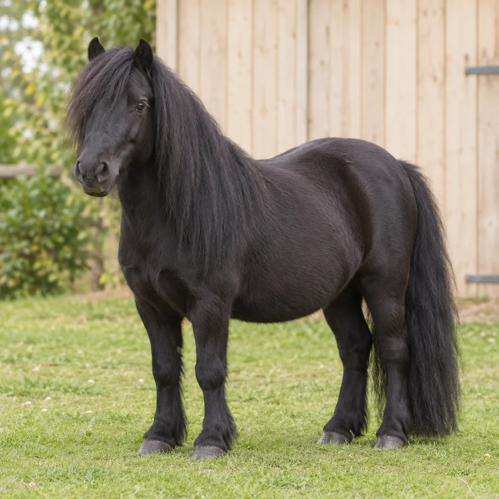 Pony nero con criniera e coda lunghe, sull'erba davanti a una parete di legno chiaro.