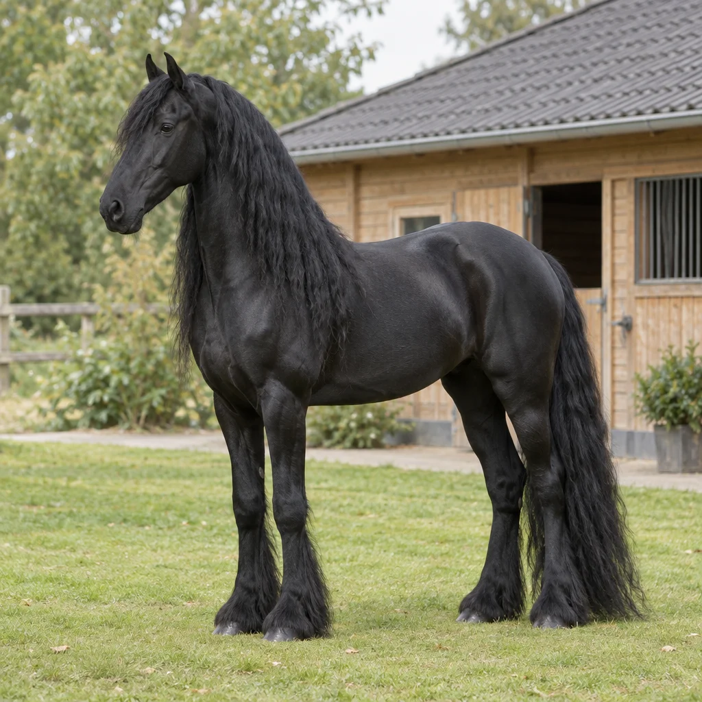 Un cavallo nero con lunga criniera, coda folta e pelo intorno agli zoccoli sta sull'erba davanti a una scuderia in legno.