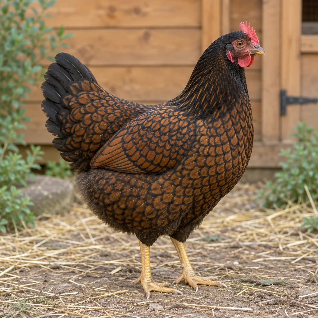 Gallina marrone con disegno nero sul piumaggio, cresta rossa e zampe gialle, in piedi sulla paglia davanti a un pollaio in legno.