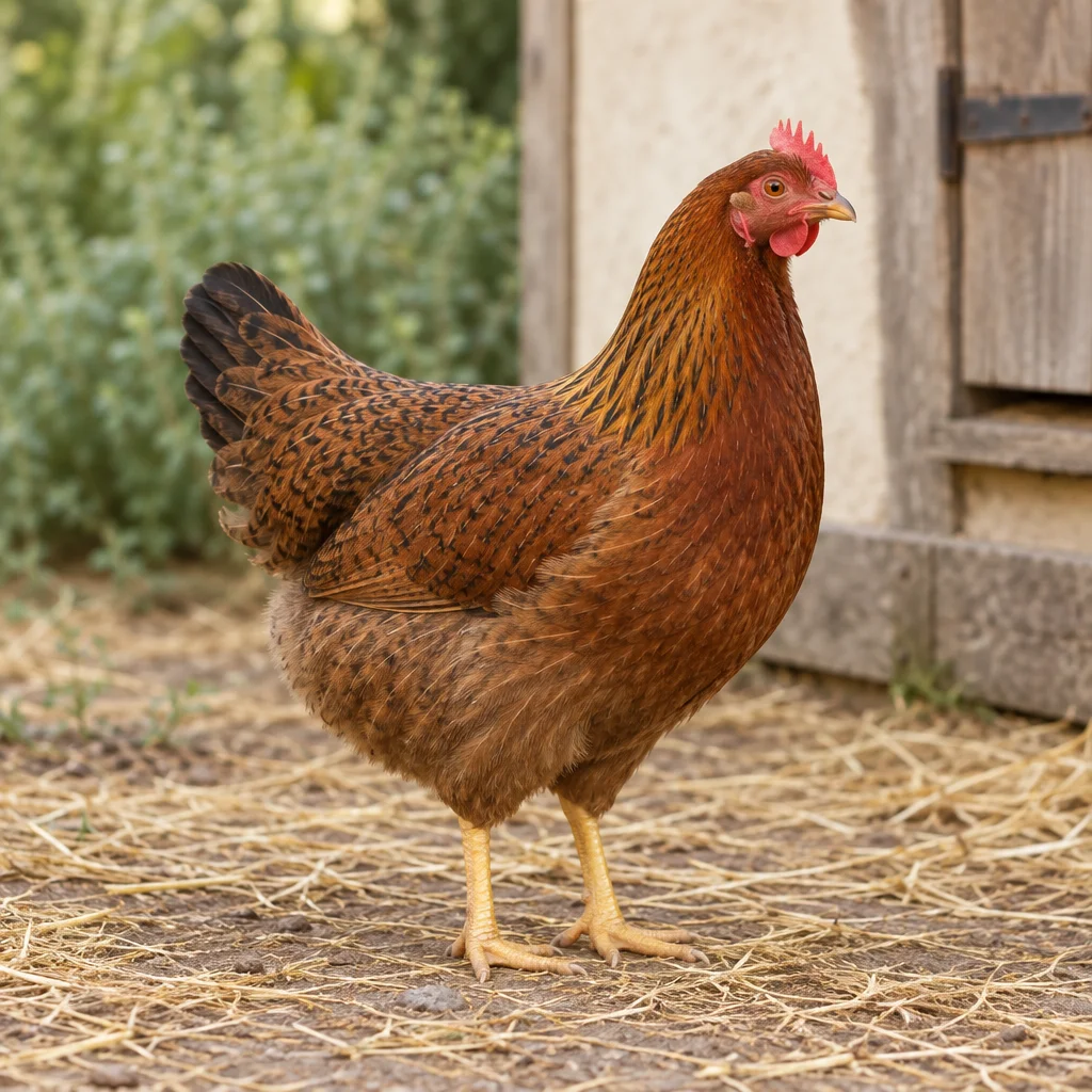 Gallina bruno rossiccia con disegni scuri sulle piume, cresta rossa e zampe gialle sulla paglia accanto a un pollaio in legno.