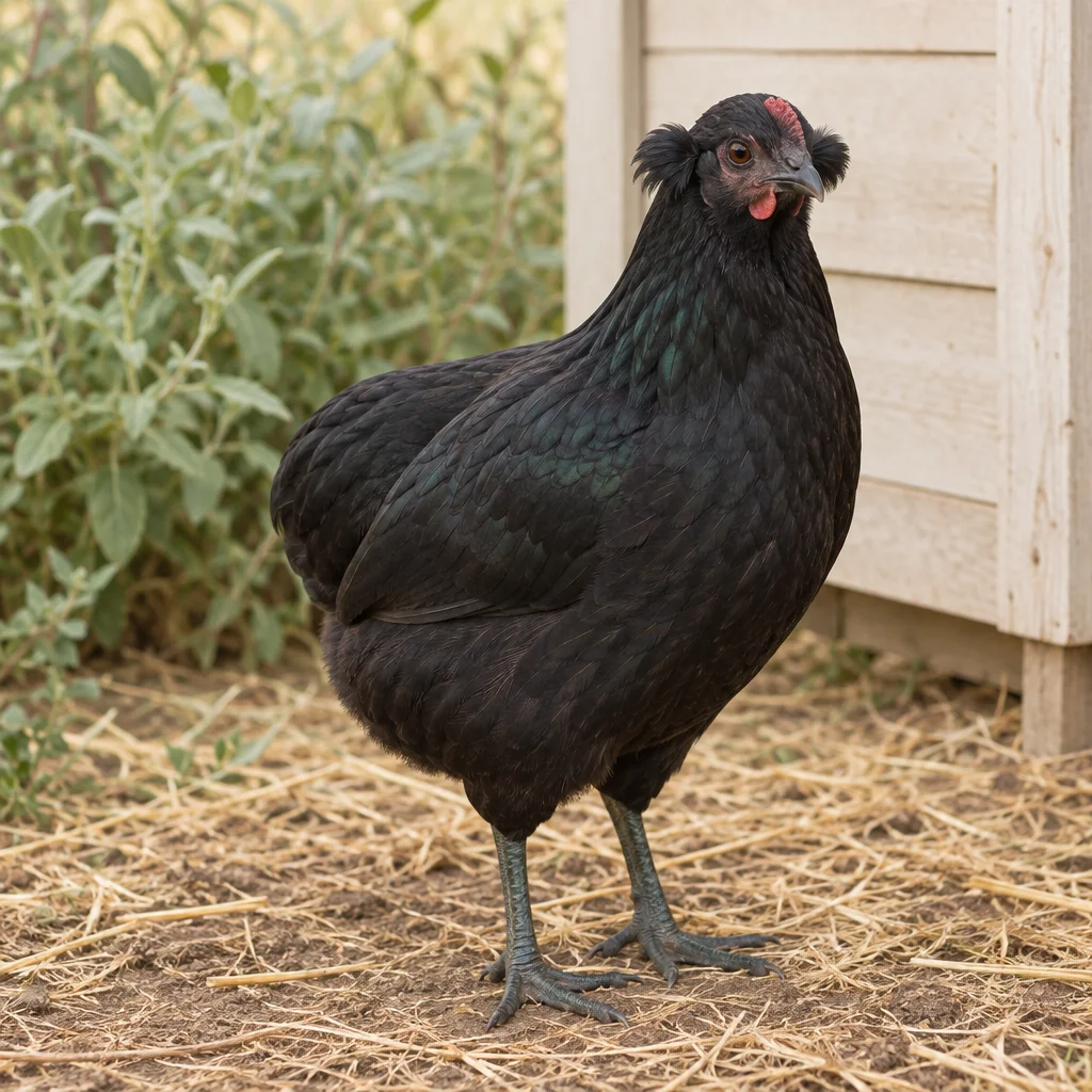 Gallina nera senza coda visibile, con ciuffi di piume ai lati della testa, in piedi sulla paglia accanto a un pollaio di legno chiaro.