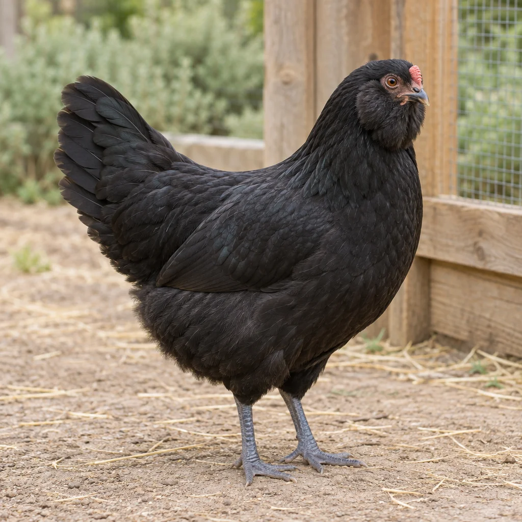Gallina nera con folte piume sulle guance, piccola cresta rossa, coda e zampe grigio ardesia in un cortile accanto a un recinto per polli in legno.