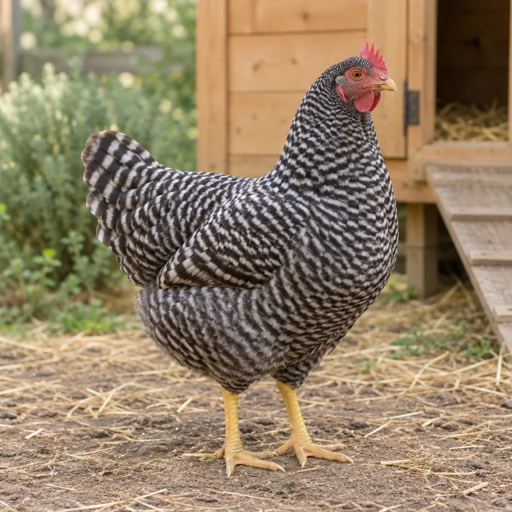 Una gallina Plymouth Rock barrata in bianco e nero sta sulla terra e sulla paglia, con entrambe le zampe visibili, accanto a un pollaio di legno.