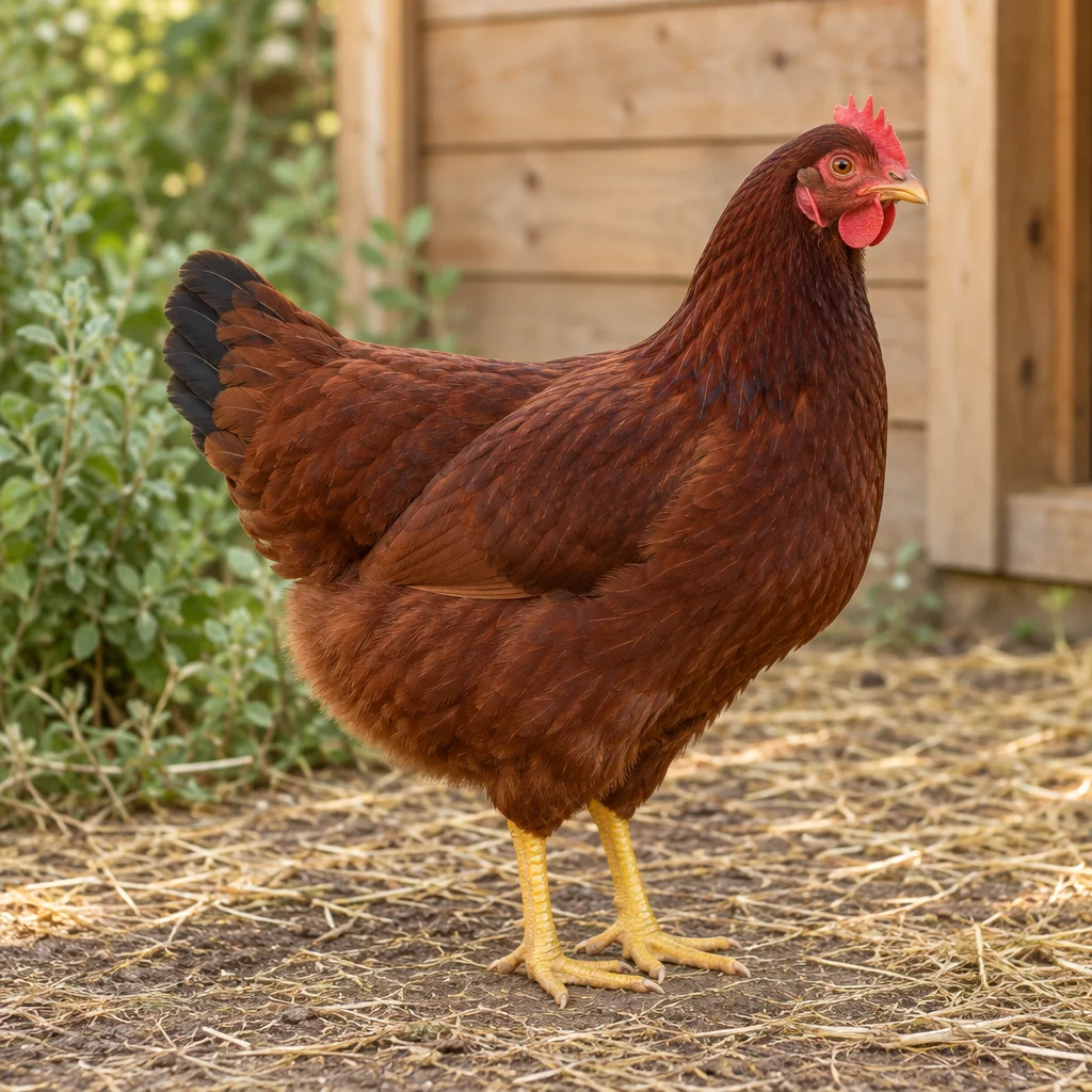 Una gallina rossiccia con penne della coda scure, cresta rossa e zampe gialle sta sulla paglia davanti a un pollaio di legno.