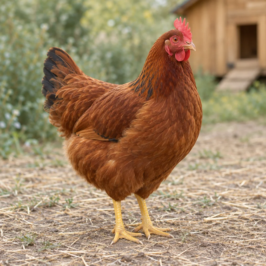Una gallina rosso bruna con cresta semplice rossa, penne della coda scure e zampe gialle si trova in un cortile.