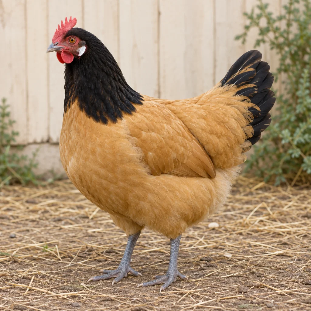 Una gallina giallo dorato con testa, collo e coda neri, cresta rossa e zampe blu ardesia sta sulla paglia davanti a una parete di legno.