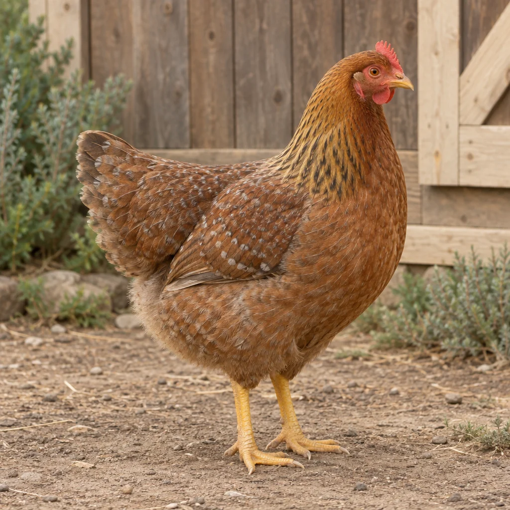 Illustrazione di una gallina Bielefelder con piumaggio marrone screziato e zampe gialle accanto a un pollaio in legno.