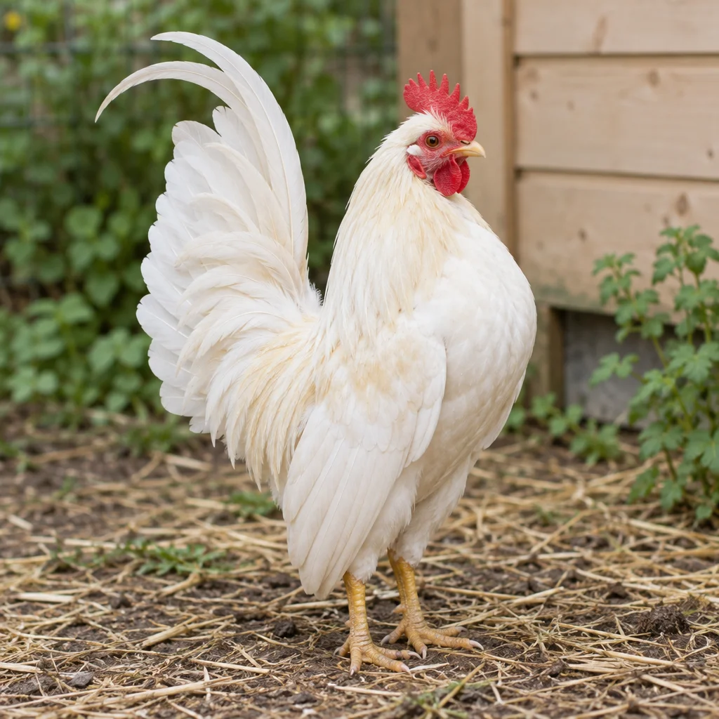 Gallo bianco con cresta rossa, coda eretta e ali portate basse, sulla paglia davanti a un pollaio di legno.