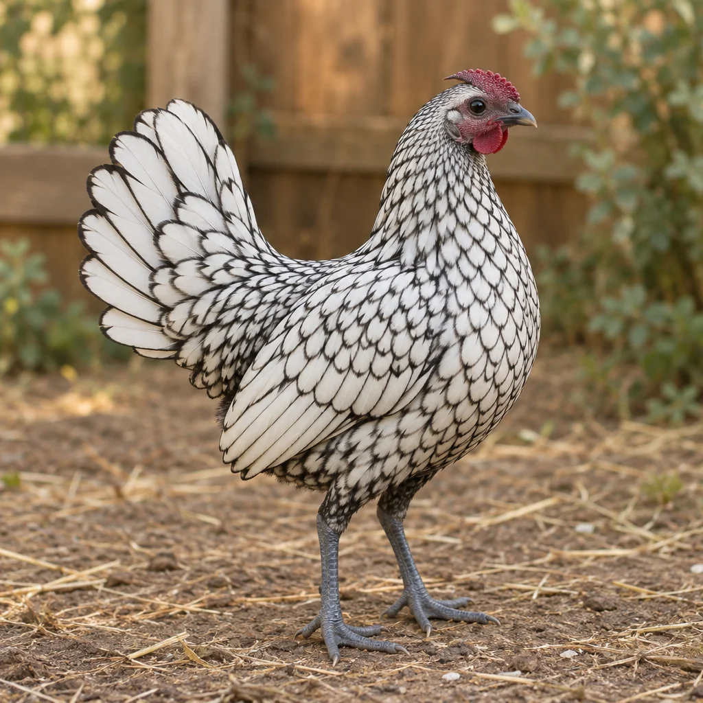 Illustrazione di una gallina Sebright argentata con piume bordate di nero, cresta a rosa e zampe grigio azzurrate.
