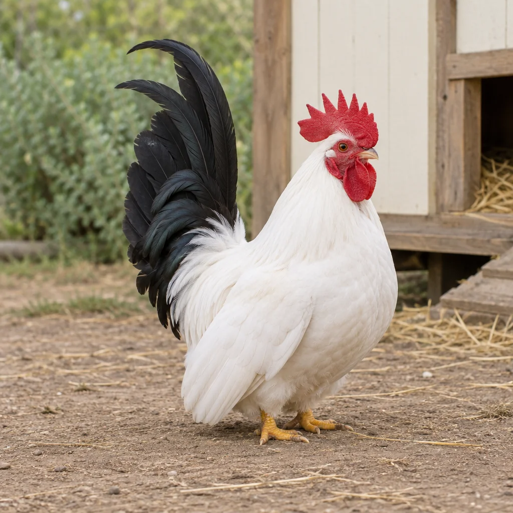 Gallo bianco con coda nera eretta, cresta rossa e zampe gialle corte vicino a un pollaio.
