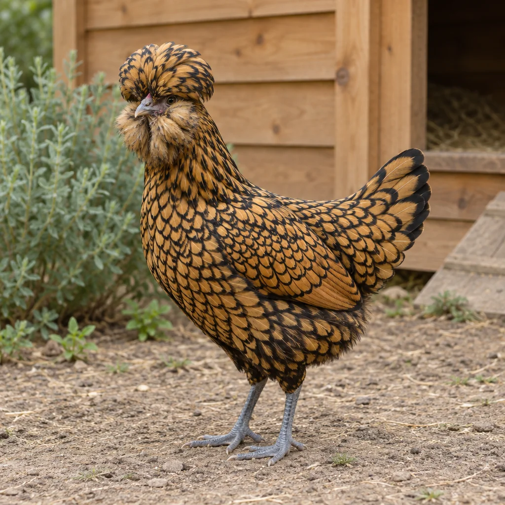 Gallina dorata con bordi neri sulle piume, ciuffo arrotondato, barba folta e zampe grigio azzurre in un cortile vicino a un pollaio in legno.