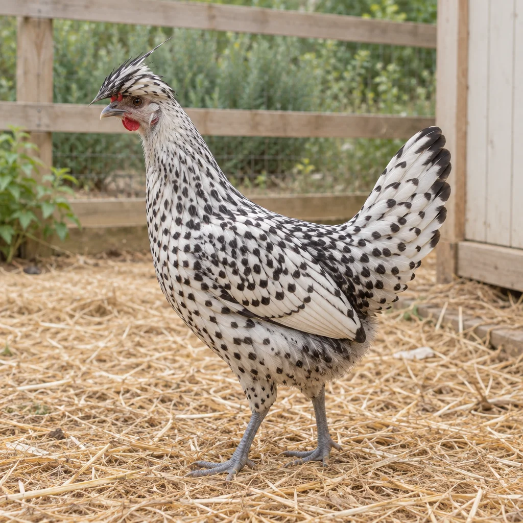Illustrazione di una gallina Appenzeller Spitzhauben argentata con picchiettature nere, con il ciuffo rivolto in avanti, in un recinto.