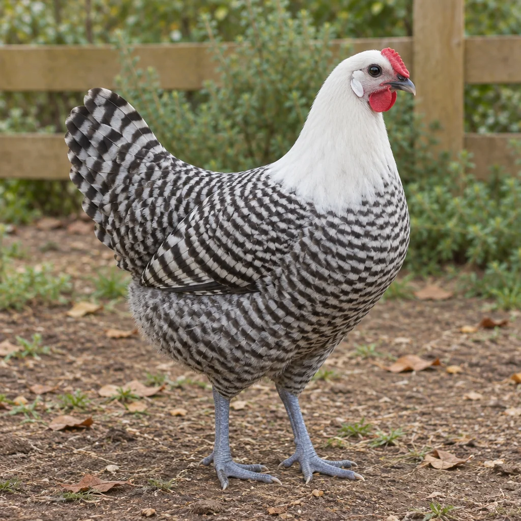 Illustrazione di una gallina Brakel argento con collare chiaro, piume a bande bianche e nere e zampe blu ardesia in un recinto esterno.