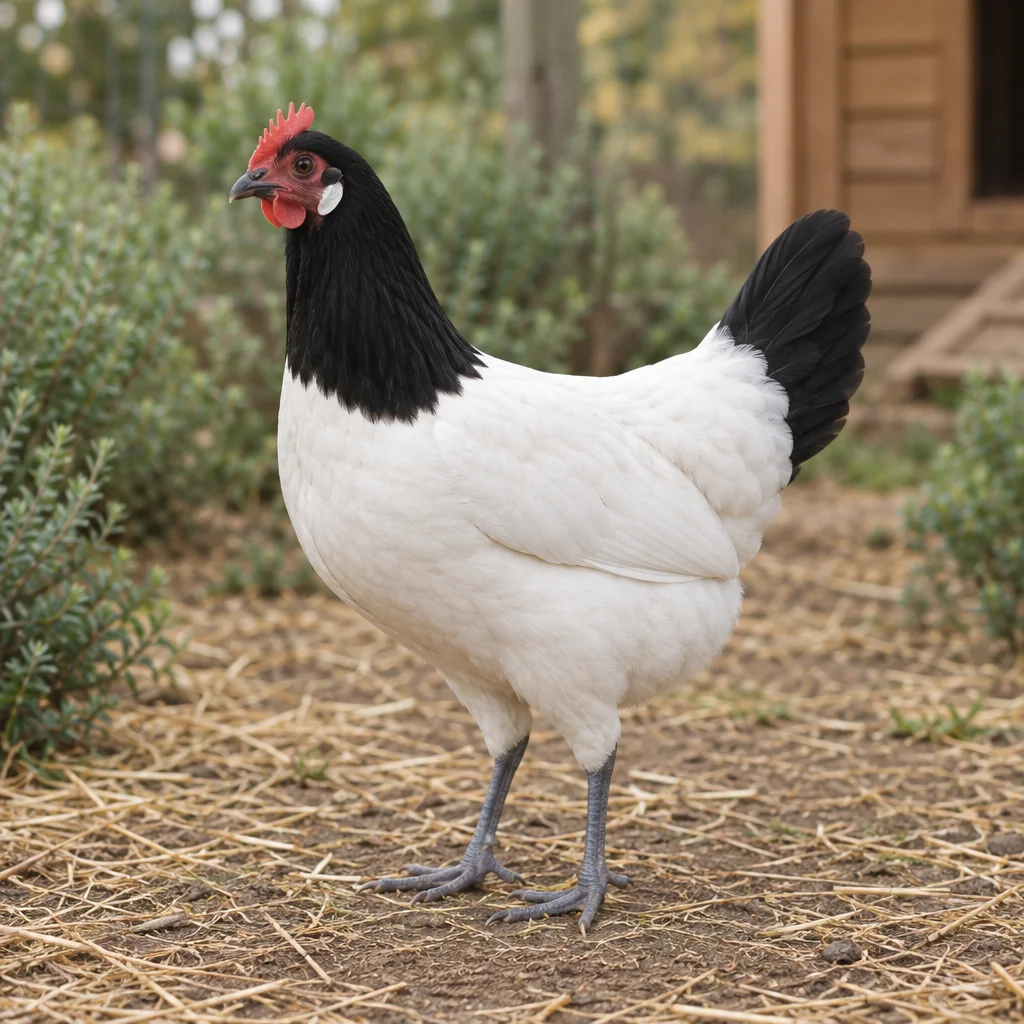 Gallina bianca e nera con testa, collo e coda neri, corpo bianco e zampe grigio azzurre in un'area esterna con paglia.