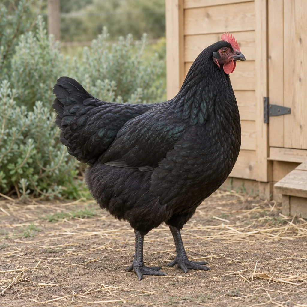 Gallina nera con cresta rossa e zampe scure in un cortile davanti a un pollaio di legno.