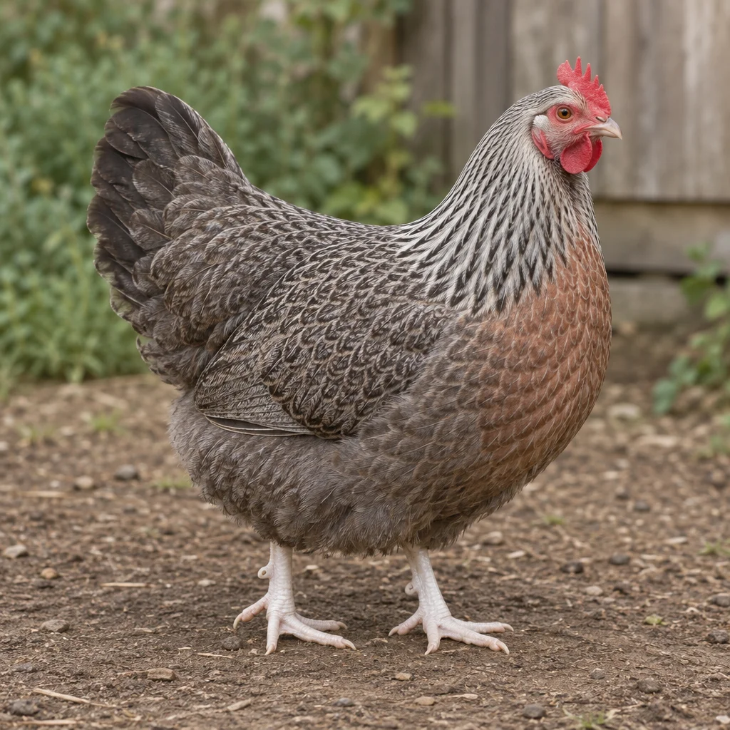 Illustrazione di una robusta gallina Dorking dal piumaggio grigio argento e marrone, con zampe bianche e cresta rossa.