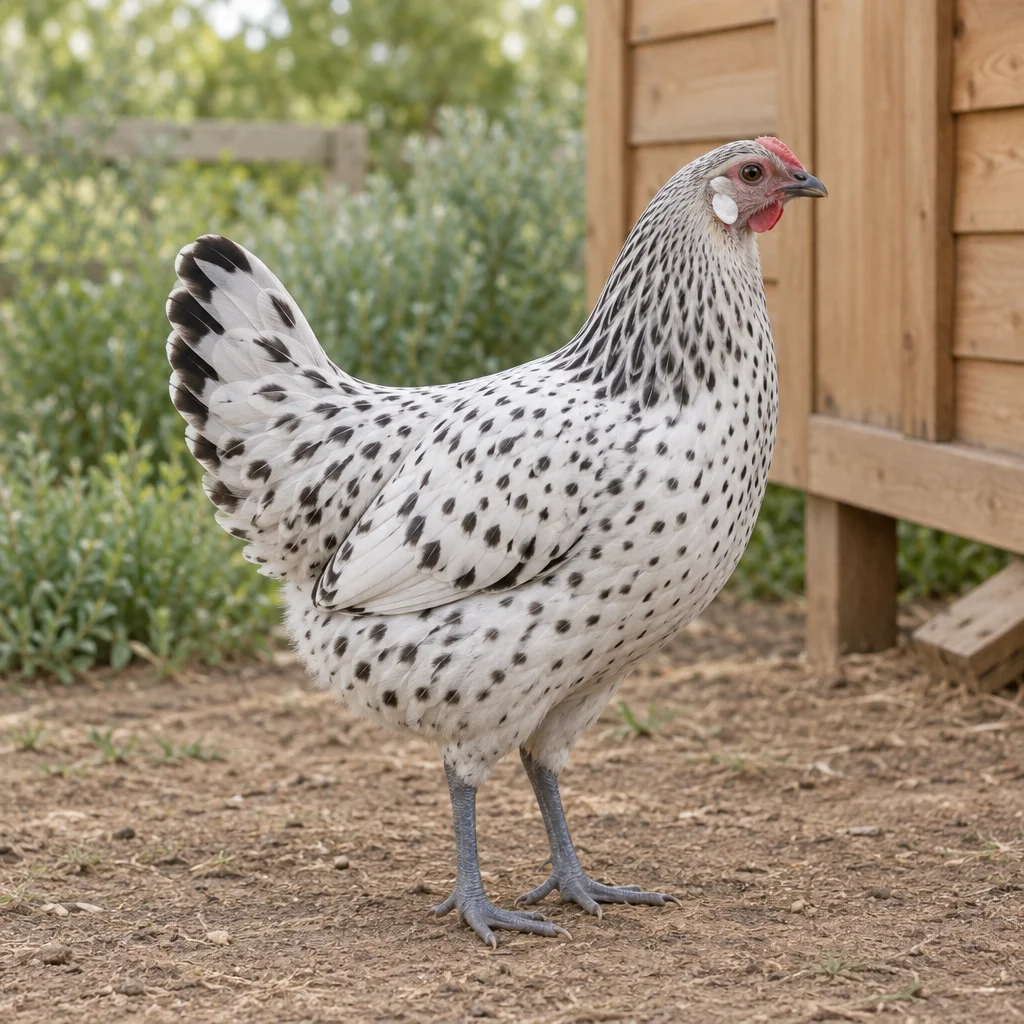 Illustrazione di una gallina Hamburger bianca con macchie nere accanto a un pollaio in legno.