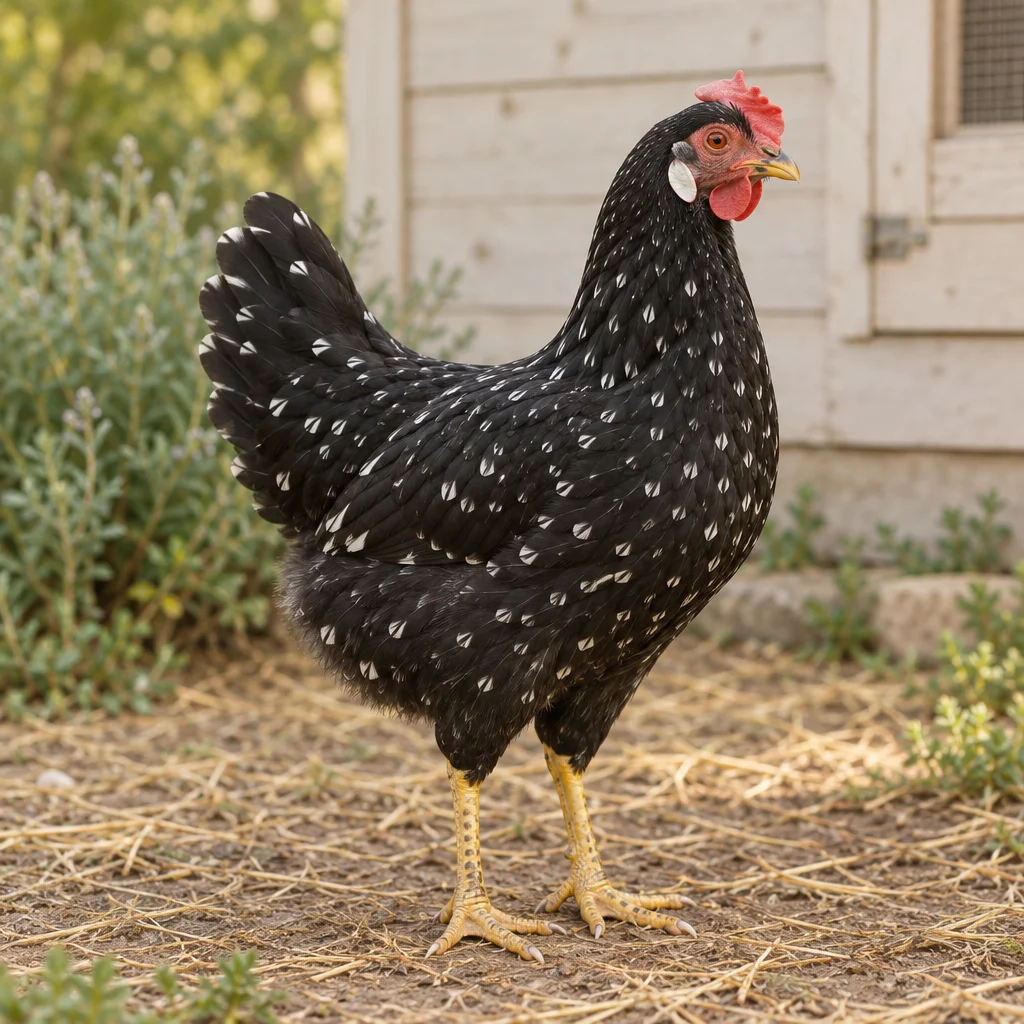 Una gallina nera picchiettata di bianco sta in un cortile, con entrambe le zampe visibili, davanti a una parete di legno chiaro.