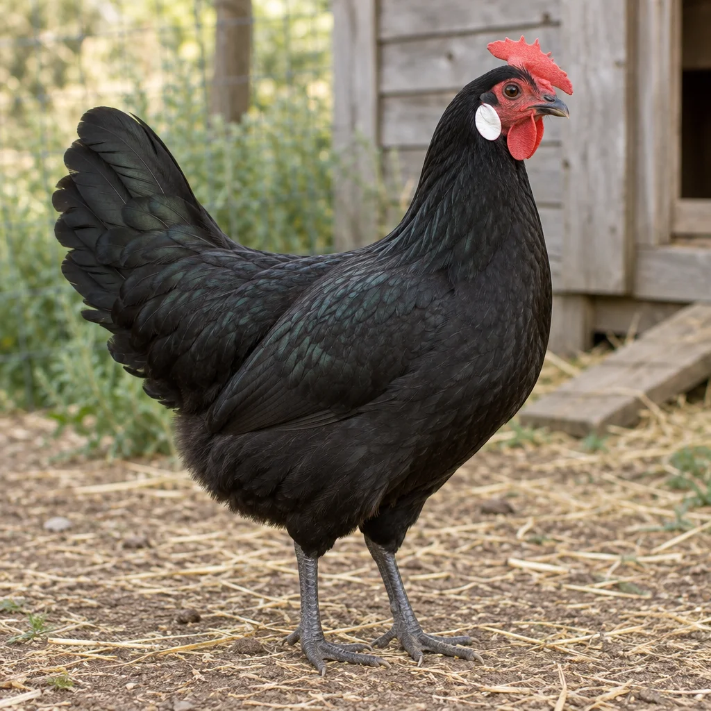 Gallina nera con lobi auricolari bianchi, cresta rossa e zampe grigio ardesia, interamente visibile accanto a un pollaio in legno.