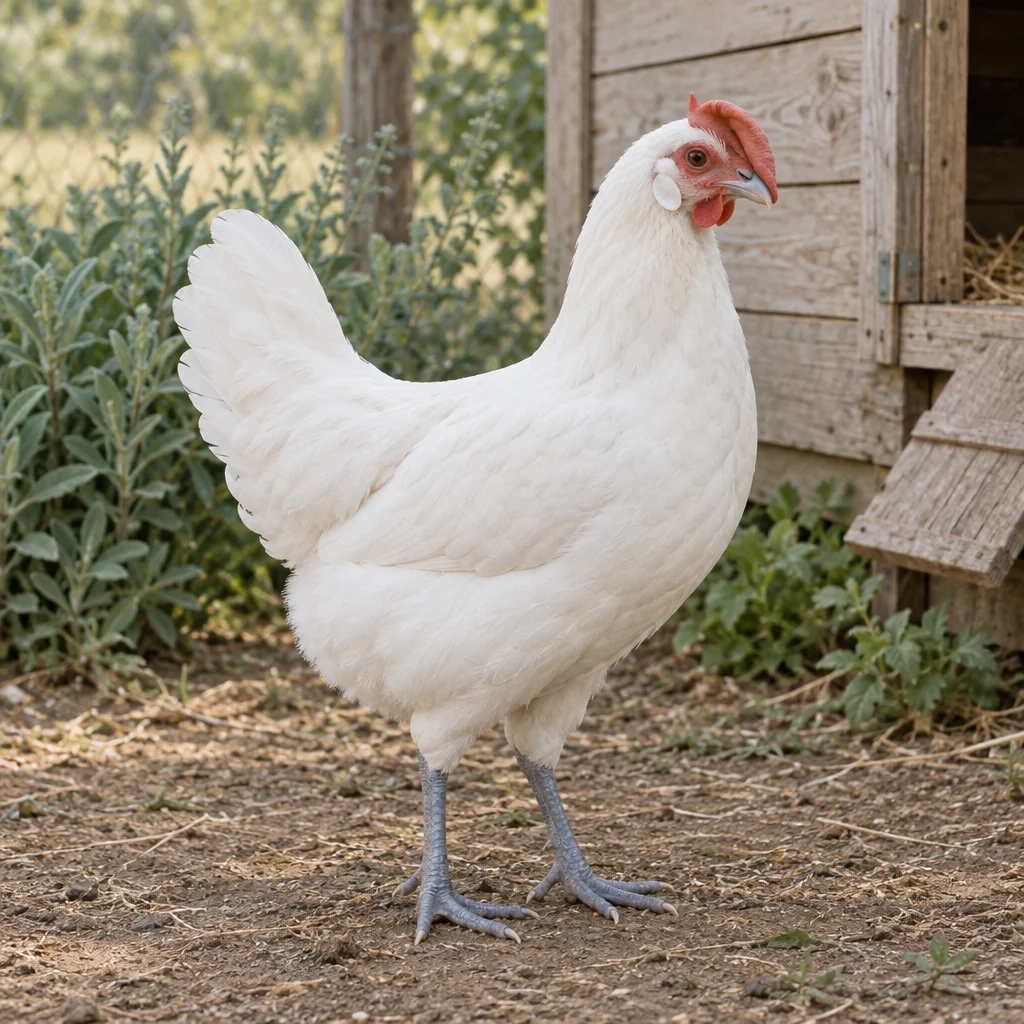 Illustrazione di una gallina Bresse Gauloise bianca, con zampe grigio bluastre e una cresta rossa piegata di lato, accanto a un pollaio in legno.