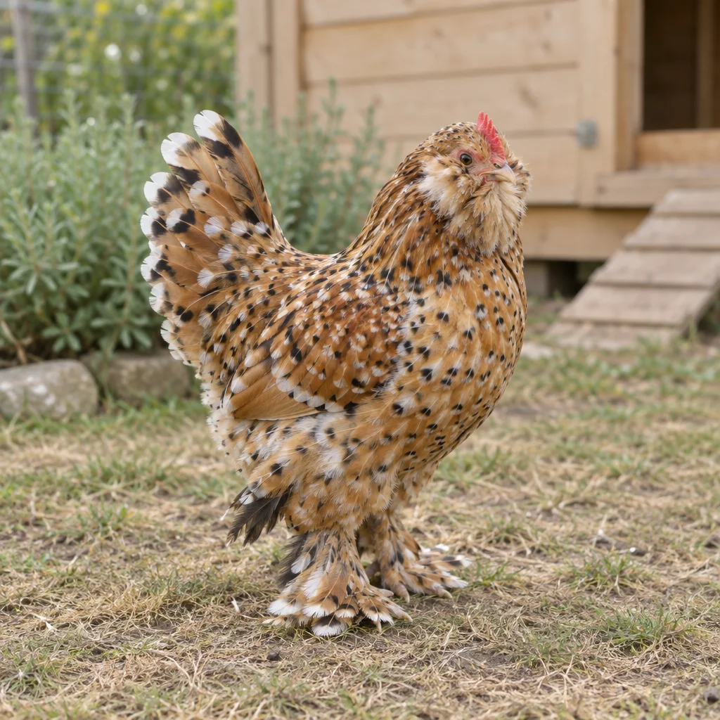 Una piccola gallina con barba, piumaggio maculato e zampe molto piumate sta sull’erba asciutta davanti a un pollaio di legno.