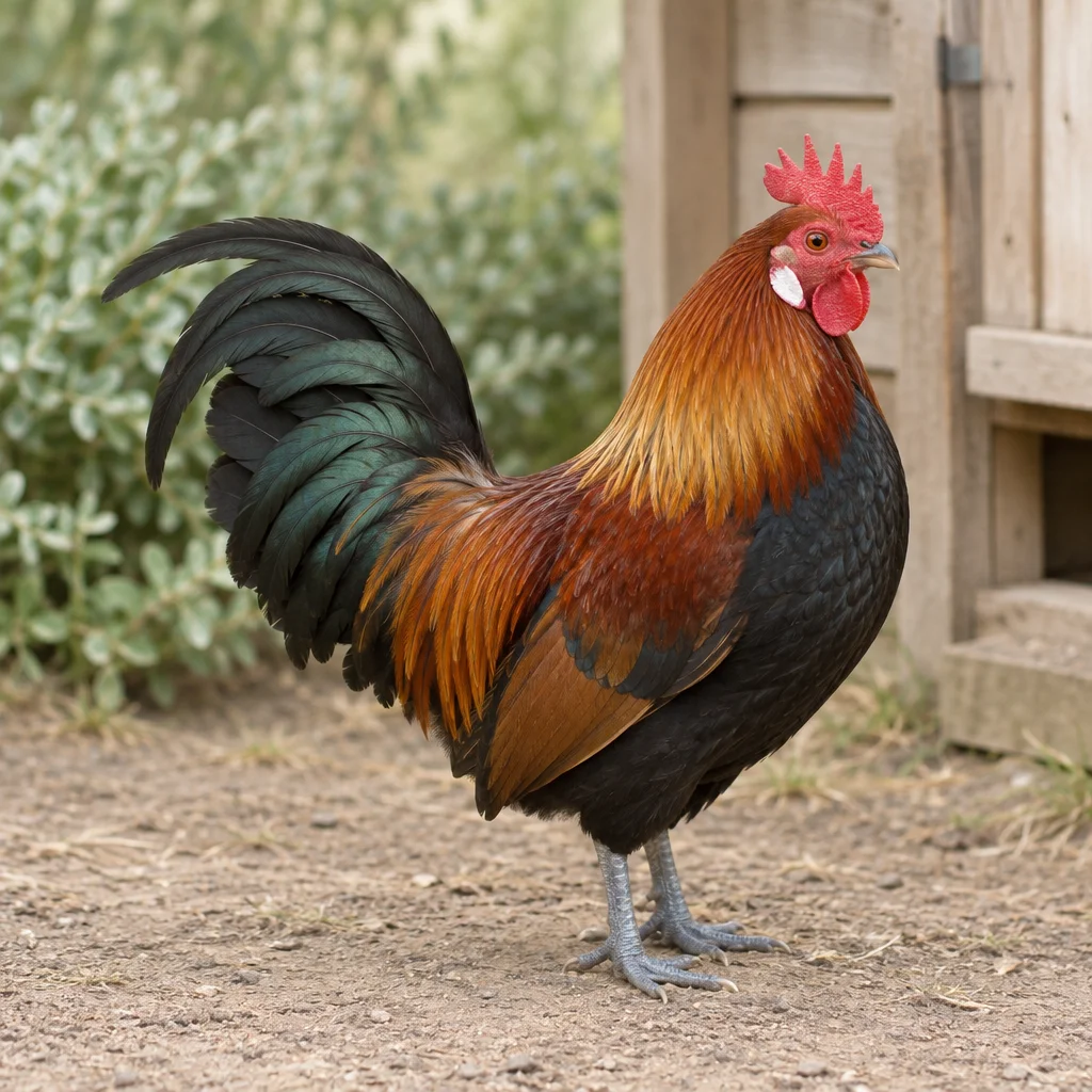 Gallo con piume bruno rossicce e nere, cresta rossa, orecchioni bianchi e zampe blu ardesia in un cortile vicino a un pollaio di legno.