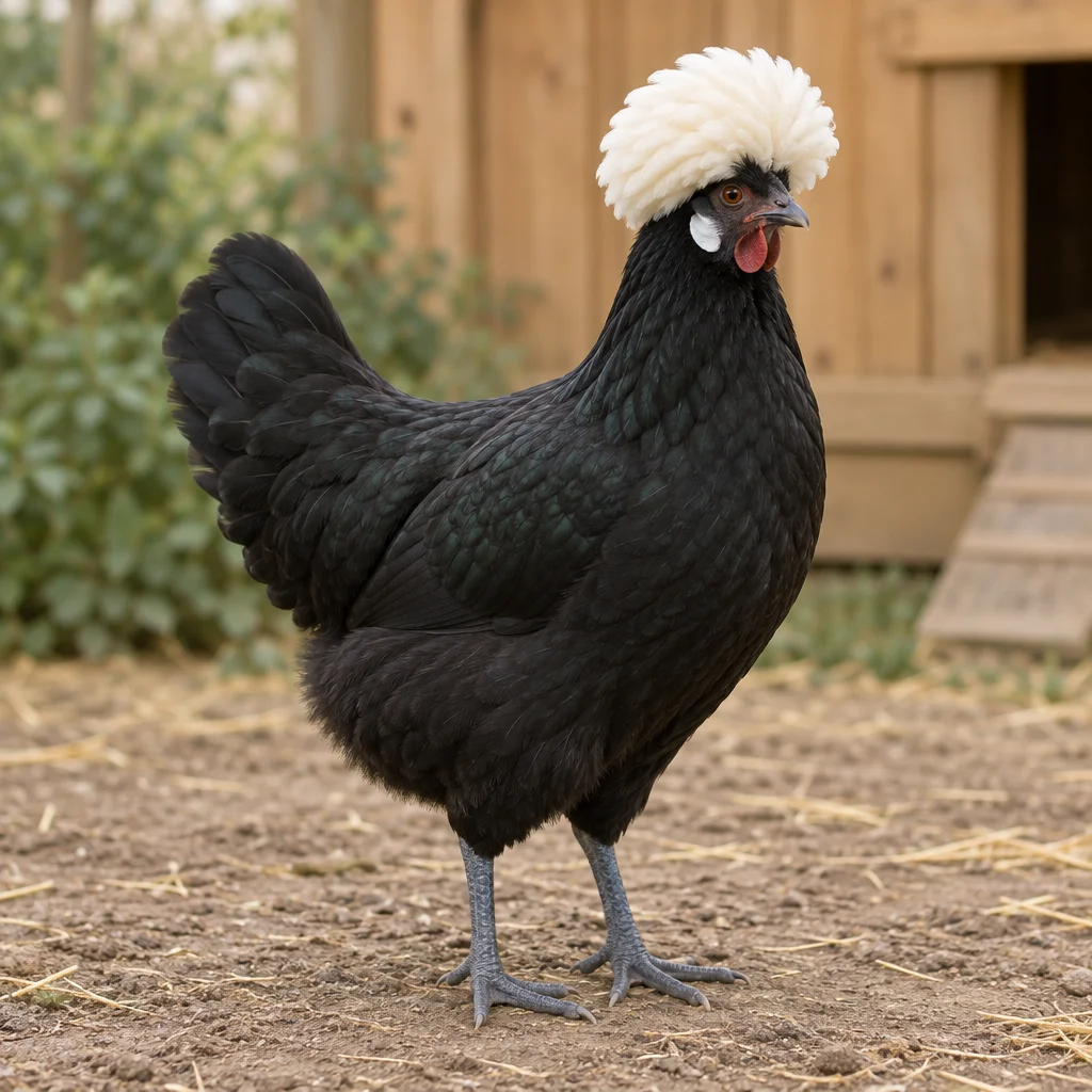 Gallina nera con un ciuffo bianco rotondo e zampe color blu ardesia, in piedi sul terreno davanti a un pollaio di legno.