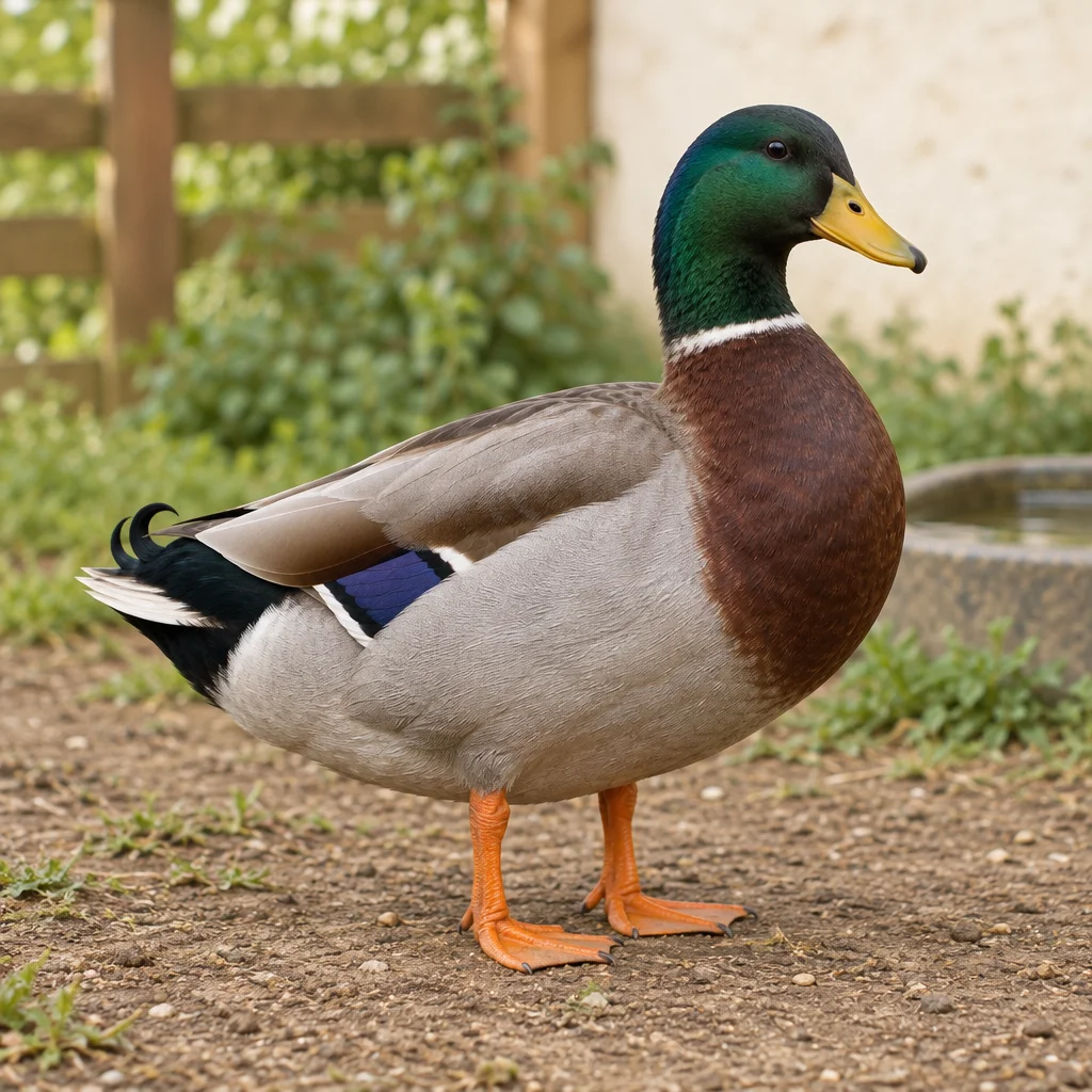 Illustrazione di un’anatra maschio con testa verde, anello bianco sul collo, petto marrone e fianchi grigi, in piedi in un cortile.