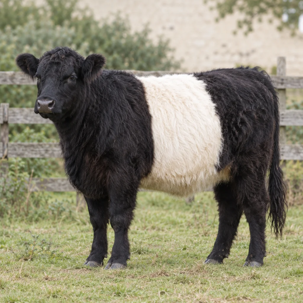 Illustrazione di un bovino Belted Galloway nero dal pelo folto, con un'ampia fascia bianca intorno al tronco, in piedi in un pascolo erboso vicino a una staccionata di legno.