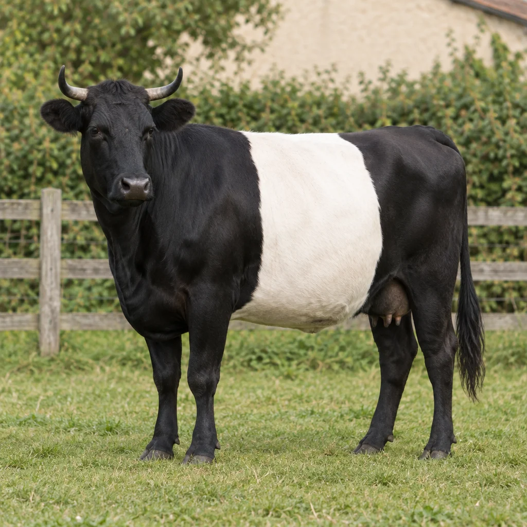 Bovino nero con un'ampia fascia bianca intorno al tronco, in piedi con tutte e quattro le zampe visibili in un prato vicino a una staccionata di legno.