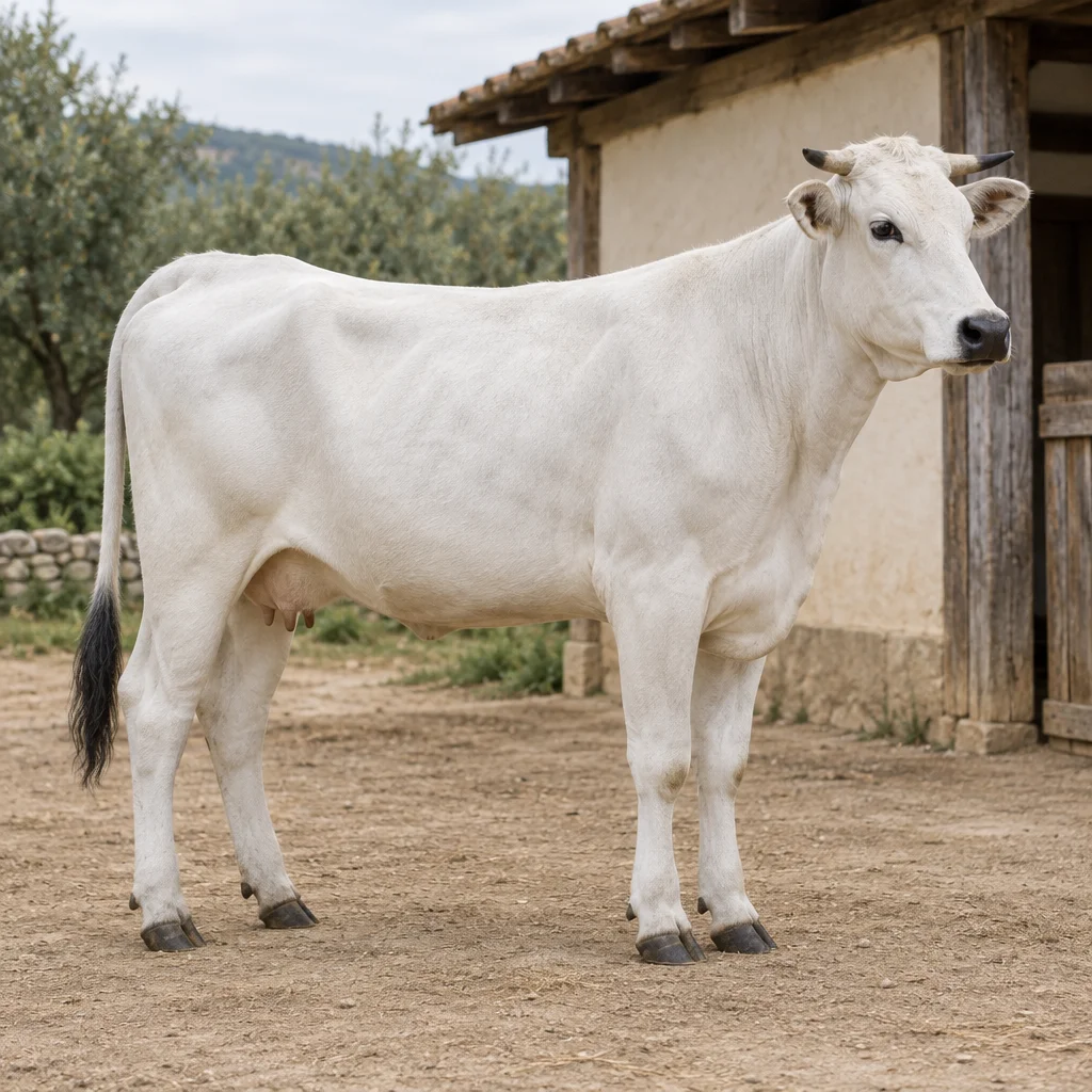 Un grande bovino bianco con corna corte e muso scuro si trova in un cortile accanto a un capanno di legno.
