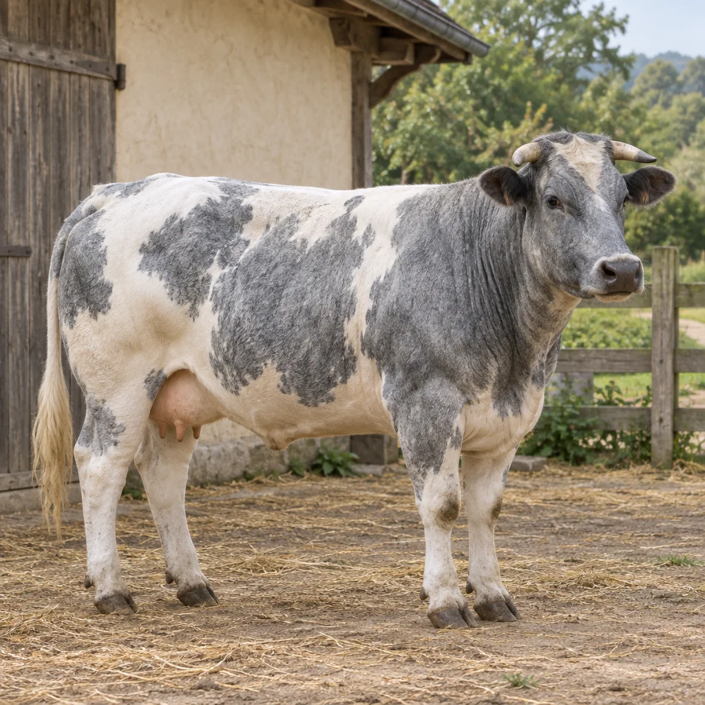 Bovino grigio e bianco con corna corte in piedi in un cortile accanto a un fienile, con tutte e quattro le zampe visibili.